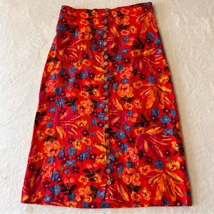 Maison d' Amelie Paris Womens Skirt XS Red Floral Midi Buttons Linen Blend